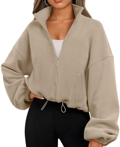 EUDOLAH Damen Reißverschluss Sweatshirt Langarm Fleece Schüttelvlies Pulli Outwear Jacken Herbst Winter Sweatjacke mit Kordelzug khaki L