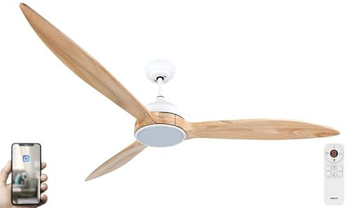 Fanelite - Brasseur d'air 164 cm blanc et bois ZENA - Moteur DC 35W - Lumière LED 20W dimmable 3 couleurs - Télécommande - Wifi - Contrôles vocaux - 3 pales - Très silencieux