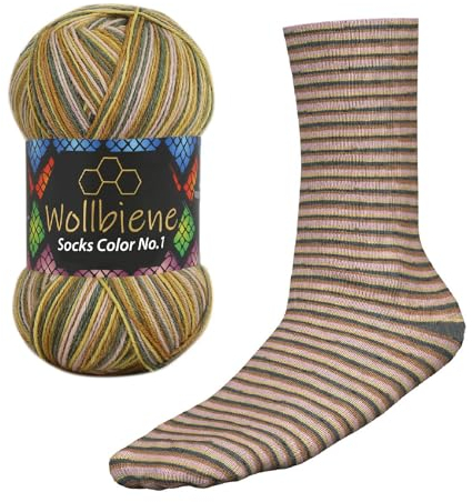 Wollbiene Socks Color Sockenwolle 100g 4-fädig Stricken und Häkeln 75% Schurwolle Farbverlaufswolle Strickwolle Socken (53 oliv gelb beige)