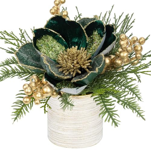 Briful 9 Glitter Magnolia Artificial Flowers in Vase, Christmas Flowers Dark Green Artificial Flowers with Gold Berry Stems in Brushed Finish Ceramic Pot, Fake Magnolia for Xmas Decor