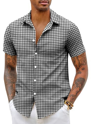 COOFANDY Chemise à manches courtes pour homme - Coupe ajustée - Style décontracté - Pour le travail - Chemise d'été boutonnée, Plaid noir, L