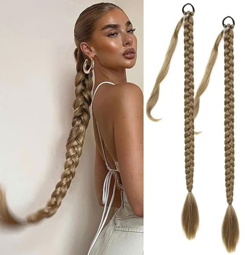 Fulang Hair 2PCS Braid Ponytail Extension Zopf mit Haargummi Haarteil zum Einflechten Lang Ponytail Kunsthaar für Frauen Geflochtener Haarteil (Blond Mit Blassgoldenen Strähnchen)