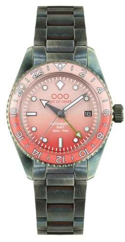 Out of Order PALOMA GMT Automatik Stahl Rosa Datum gealtert Saphir Herrenuhr, silber / schwarz