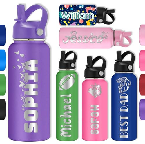 Custom Water Bottle Personalised Water Bottles Engraved with Icon Name for Kids Teenagers Boy Girl Back to School Gift Travel Gym Sports Insulation Bottles with Flip Straw Handle Purple Style1