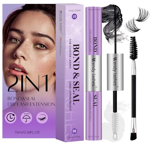 Lash Bond and Seal, Cluster Lashes Glue Bond and Seal 2 IN 1 for Cluster Eyelash Extensions Black Lash Bond Waterproof Mascara Wand Strong Hold 48-72 Hours Eyelash Cluster Glue