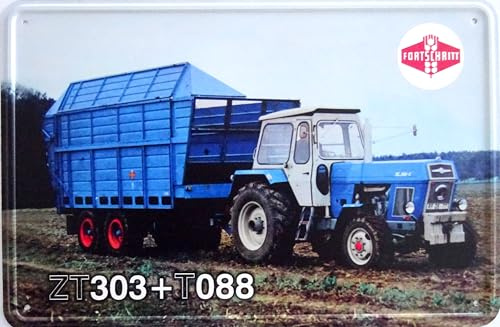 Blechschild Schild 20x30cm - Fortschritt ZT 303 mit Anhänger T088 Traktor Trecker DDR LAndtechnik Landwirtschaft