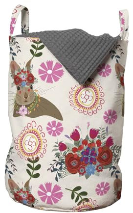 ABAKUHAUS Blumen Wäschesack 2er Pack, Hase mit Blumenkopfschmuck, Wäschekorb mit Griffen und Kordelzugverschluss, Zweierpack 33cm x 50cm, Mehrfarbig Magenta