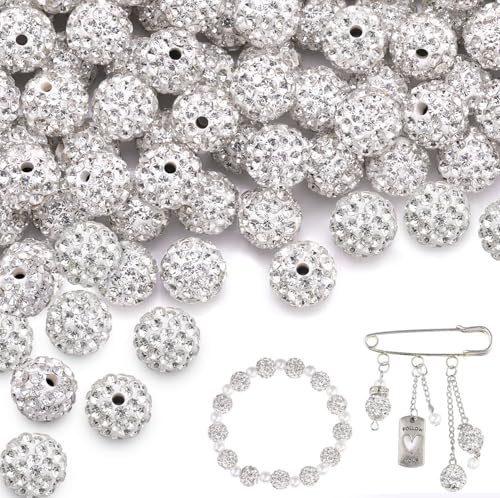 Yixinly 120 Stück 10mm Glitzerperlen zum Auffädeln, Strass Perlen zum Auffädeln Clay Beads, Perlen 10mm mit Loch für Herstellung von Halsketten, Armbändern und Ohrringen und DIY-Dekoration