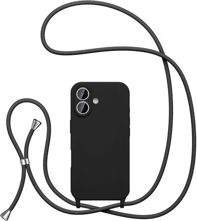 UEEBAI Lanyard Case for iPhone 16 6.1, Crossbody Liquid Phone Cover Necklace Cord Strap Soft Shockproof Protective Case - Black
