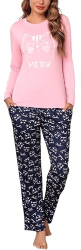 Irdcomps Pyjama Femme Hiver Ensembles de Pyjamas Femme Coton avec Un Adorable Motif de Chat Vêtements de Nuit à Manches Longues col Rond Rose XL