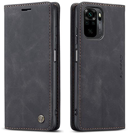 owlhold Hülle Xiaomi Redmi Note 10/Note 10S Klapphülle [Nicht für 5G] Premium Lederhülle -Nubukleder Faltbare Ständer Schutzhülle Kartenfach Handyhülle Redmi Note 10 4G/Note 10S/Poco M5S 4G -Schwarz