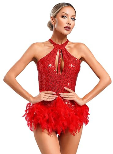 Yhong Damen Ballett Trikot für Tanz Erwachsene ballettanzug Glitzer Pailletten Tanztrikots Tanzen gymnastikanzug tanzbody für frauen Rot S