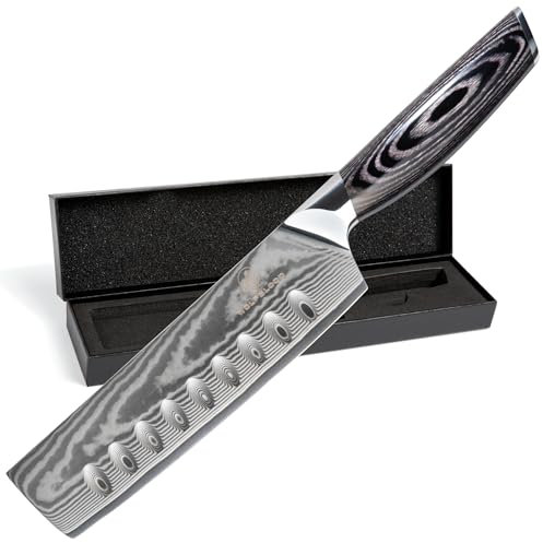 Wolfblood PRO Damastmesser Damast-Küchenmesser XL (31cm) Profi Nakiri Messer aus echtem 67 Lagen Damaststahl I Küchenmesser Hackmesser mit Holzgriff Geschenkbox und Klingenschutz