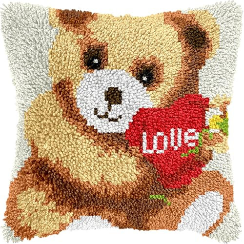 veirousa Love Bear Latch Hook Kits for Adults Kids Beginners Cute Animals Christmas Latch Hook Pillow Kit Pre-Printed Latch Hook Rug Kits Cross-Stitch Cushion for Home Sofa Decoration 17x17 in.