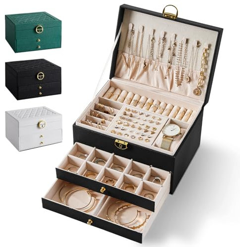 Warmiehomy 3 Tier Jewellery Box Jewellery Organiser with 2 Drawers Large Leather Jewellery Box Lockable Necklace Earring Ring Bracelets Storage Jewelry Box with Removable Dividers For Women (Black)