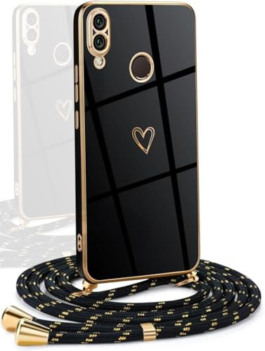 YAMCCCSE Cover per Huawei P20 Lite con Collana Amore Cuore Custodia per Donne Morbido Silicone Sottile Laccio Tracolla Case con Protezione Fotocamera Dorata Placcatura Cornice Paraurti,Nero