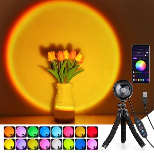 Kimimara Sunset Lamp, 21 Farben Sonnenuntergang Lampe, USB-Anschluss Sonnenlicht LED Projektor, Schaltertaste und APP-Steuerung, 360° Schwenkbares, Ideal für Fotos, Selfies, Party, und Wohnraumdeko