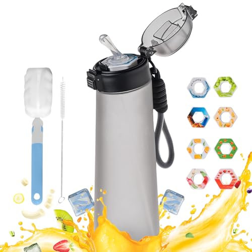 XPSSJMU Air Gourde Up 800 ml Senza Zucchero con 8 Anelli di Gusto Diverso, Bottiglia Tritan Alimentare profumata per Sport, Ideale per Ufficio, Viaggi e Fitness (Nero Smerigliato)