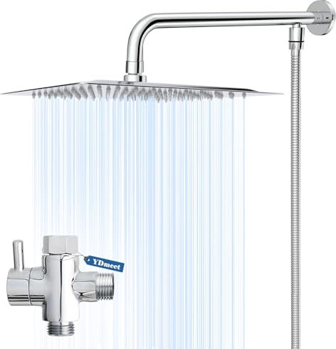 YDmeet Rainfall Shower Head and Hose Set, 10 Inch Stainless Steel Fixed Shower Head, 200CM Metal Hose with 3-Mode Diverter, 40CM Wall Mounted Extension Arm, Chrome.