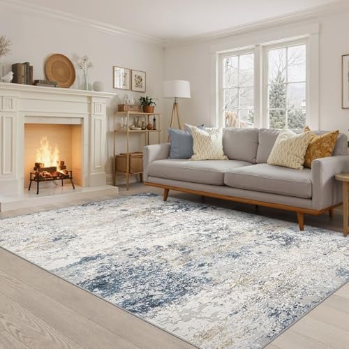 DMOYEST Teppich Wohnzimmer 160x230cm Modern Beige Blau Waschbar | Kurzflor Weich Maschinenwaschbar Rutschfest, Kinder und Haustierfreundlich für Schlafzimmer, Esszimmer und Büro