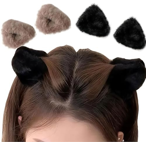 Zosutetoxo 4-teilig Plüsch Katzenohren Haarspangen für Damen: Weiche Haarklammer Groß mit Rutschfester Griff, Schwarze und Braune Mini Haarspangen als Winter Haaraccessoires