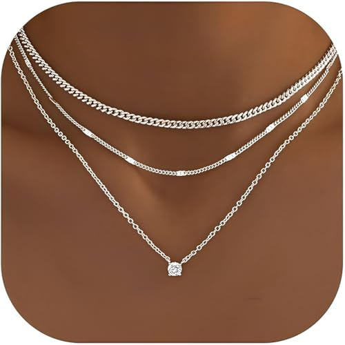 Silber Halskette Damen, 3 PCS Layering Kette Mit Funkelndem Kristall Solitär, Boho Zierliche Kette, Silber Dünner Choker Mit Rundem Punkt CZ Anhänger für Frauen und Mädchen