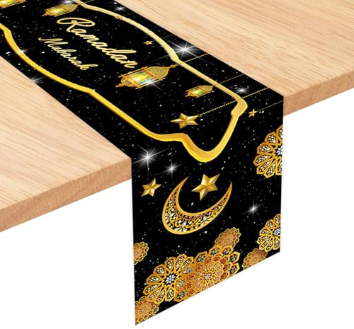 Ramadan Tischläufer 180cm,Ramadan Deko Tisch Schwarz Gold Tischdecke | Eid Mubarak Tischdecke Dekoration Muslimische Islamische Tischdeko