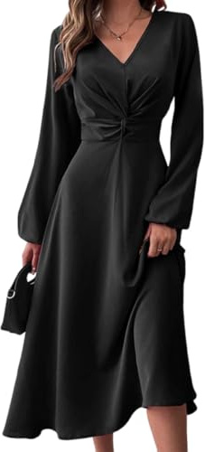 Bcenoilua Women Cocktail Dress Elegant Bodycon Wedding Guest Party Dresses V Neck Long Sleeve Pleated Swing A Line Midi Dress Formal Modest Church Fit and Flare Dresses for Prom Evening Gown Black