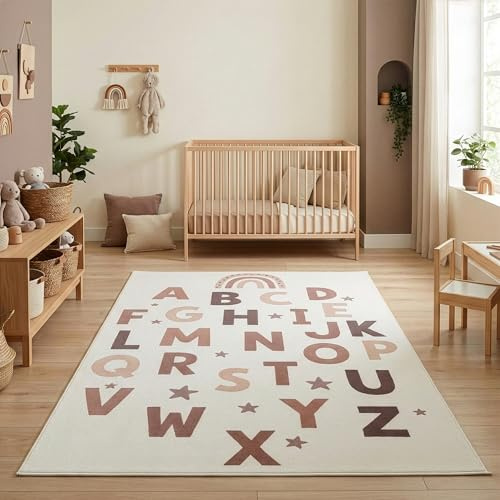 Carpettex Kinderteppich Alphabet Lernteppich für Kinderzimmer in Creme mit Buchstaben Motiv Größe 200x290 cm ideal für Spiel und Lernzimmer