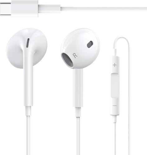 USB C Kopfhörer für iPhone 15,HiFi-Stereo-In-Ear-Kopfhörer mit Mikrofon & Lautstärkeregler,kompatibel mit Samsung Galaxy S23/Google Pixel/Huawei/OnePlus–Weiß