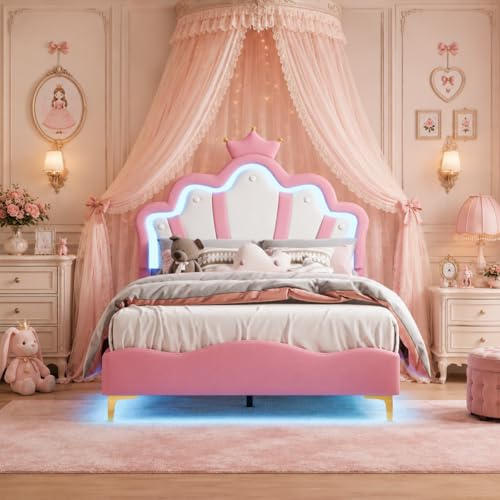Letto Matrimoniale Imbottito 140x190cm con LED, Letto Capitonné 140x190 LIT Princesse a Forma di Corona, Letto per Adolescenti Ragazze con Testiera Regolabile, Letti per Bambini con Rete a Doghe (Rosa