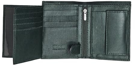 RAS WALLETS Men's RFID Secure Slim Wallet | Genuine Leather Bifold Purse with Coin Pocket | 3 ID Slots, Card Holder, 2 Zipped Pockets | Anti-Theft Compact Design - Art 503 (Green)