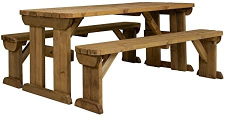 Arbor Garden Solutions 6 Seat Wooden picnic table and benches set, Aspen rounded patio furniture (5ft, Rustic Brown)