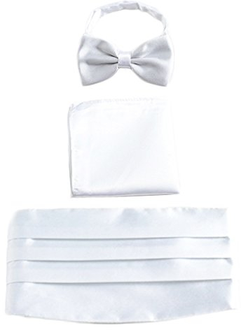 WANYING Herren Satin Kummerbund Fliege Einstecktuch 3 in 1 Set für Hochzeit Party Ball Banquet Smoking Gentleman - Einfarbig Weiß