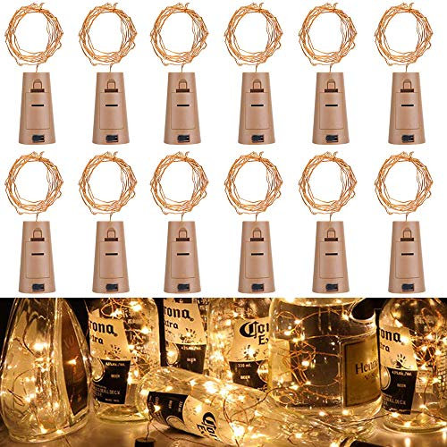 Lot de 12 LED Bouteille Guirlande Liège Lampes, RcStarry 2M 20 LED Lampes de Bouteille,Cuivre Fil Guirlandes Lumineuses pour DIY Décorer Fête, Barbecue, Jardin, Chambre, Noël(Blanc Chaud)