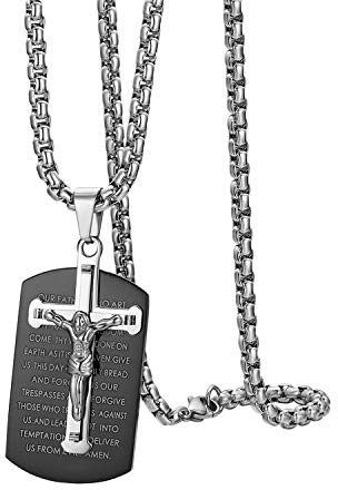 OIDEA Herren Edelstahl Kreuz Halskette Dogtag Anhänger, Vintage Biker Bibel Gebet Jesus Kruzifix Anhänger mit Ketten 56cm, Schwarz Silber