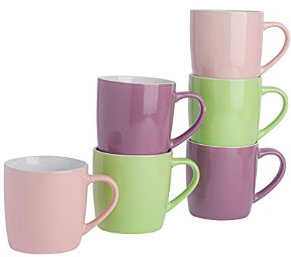 Argon Tableware Tea Coffee Mugs - 6pc Contemporary Coloured Ceramic Cups Set - 350ml - Pink Green Purple