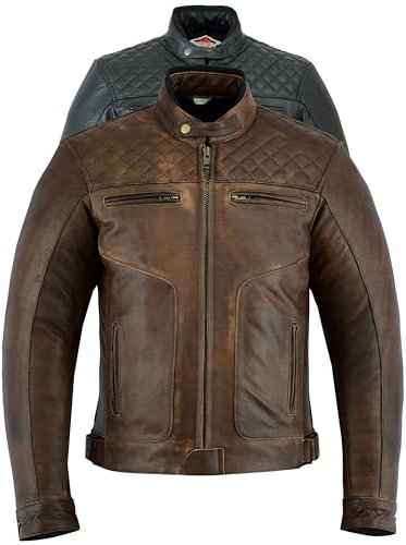Texpeed Giacca da moto in pelle da uomo - Giacca da moto da turismo con protezione originale da motociclista CE (EN 1621-1) Design trapuntato con cuciture a diamante - Marrone - M