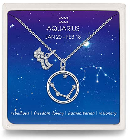 Qings 925 Silber Halskette Damen Wassermann Sternzeichen Anhänger Kette mit Kreis Stern Zirkonia Wassermänner, Silberne Kette für Frauen Mädchen
