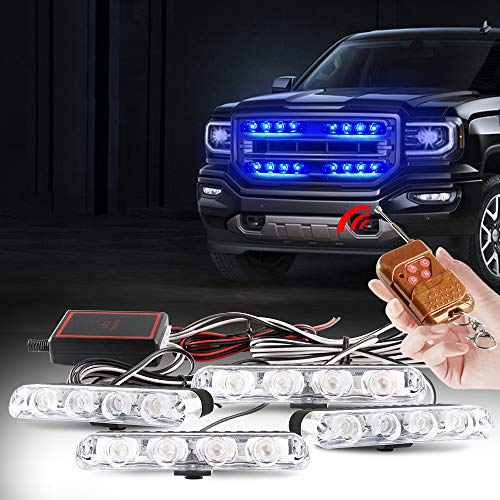 yifengshun Gyrophare LED 4 en 1 Télécommande Sans Fil DC12V -lumière stroboscopique feux DRL clignotant magnetique d'urgence signalement lumières pour auto véhicule (Bleu)