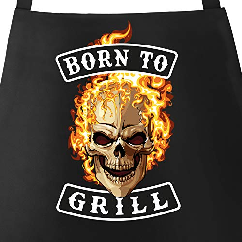 MoonWorks® Grill-Schürze für Männer mit Spruch Born to Grill Skull Flammen Baumwollschürze Küchenschürze Schwarz unisize