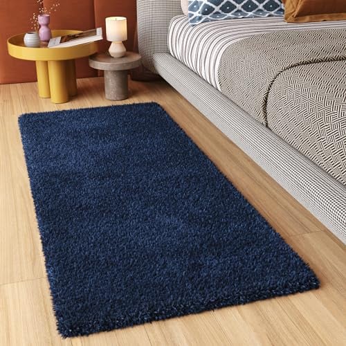 TAPISO Essence Teppich Läufer Flur Brücke Shaggy Hochflor Langflor Dunkelblau Blau Einfarbig Weich Modern Design Korridor Schlafzimmer ÖKOTEX 80 x 400 cm