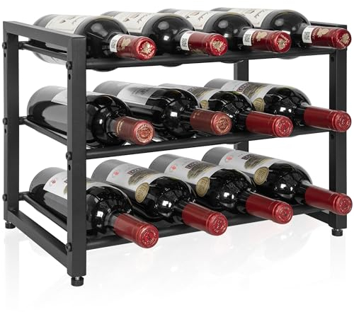 AKOZLIN Metal Wine Racks 3-Tier Stackable 12 Bottle Iron Wine Bottle Holder Stands Tabletop Free Standing Storage Wine Organizer Display Shelf for Kitchen, Pantry, Cellar, Bar