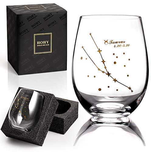 HOHY Stier-Weinglas, 590 ml, Geburtstagsgeschenk, Sternzeichen Stier, goldenes Geschenk, Sternbild, Astrologie-Geschenke für Damen und Herren