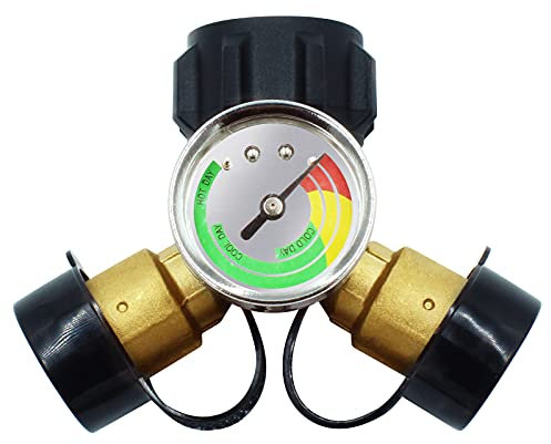 MCAMPAS Propane Tank Y-Splitter Gauge, Propane Splitter Adapter for RV Camper, BBQ Gas Grill, Gas Burner Fire Pit, Heater.-Connector: Male QCC1 and 2 Outlets QCC1 Male/POL Female Thread