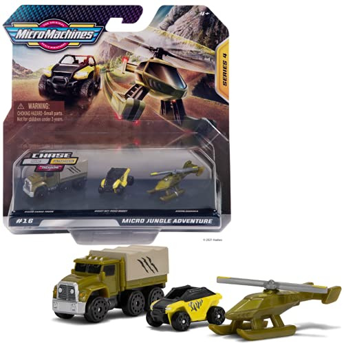 Pack de démarrage MicroMachines, Jungle Adventure - Contient 3 véhicules, un camion, un buggy et un hélicoptère - Possibilité de quelque chose de rare - Collection de voitures miniatures Micromachines