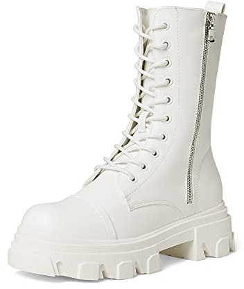 DREAM PAIRS Stivali da Combattimento da Donna con Lacci, Stivali a Metà Polpaccio, Plateau Spesso stivaletti da Equitazione con Tacco Basso,Size 38.5,Bianco,DMB215