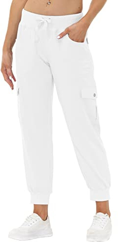 JINSHI Pantalones Mujer Cargo Pantalón Largo Trabajo Pant Deportivo Jogger Cintura Alta con Bolsillos Blanco M