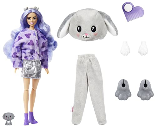Barbie Cutie Reveal Poupée avec Costume de Chiot en Tissu Moelleux, Surprises, Dont Un Mini-Animal de Compagnie et des éléments Qui changent de Couleur, Cadeau pour Enfants à partir de 3 Ans, HHG21