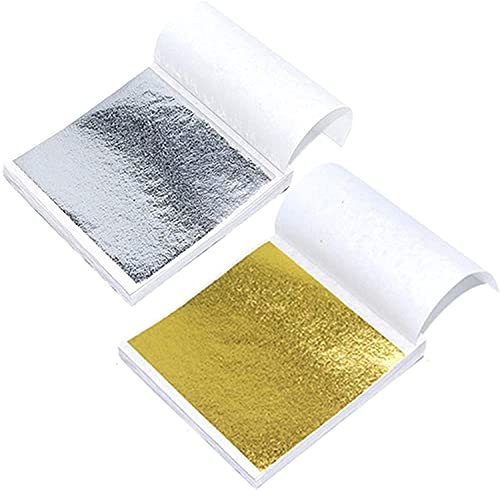 LATRAT 100 Blatt Nachahmung 100 Blatt Nachahmung Silberblatt, Gold Blatt Silber Blatt Blattgold Flocken Goldfolienpapier für Kunst, Vergoldung Handwerk, Dekoration